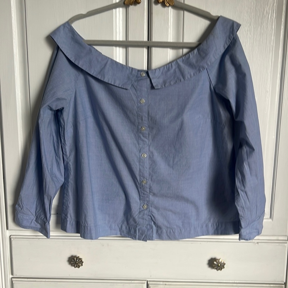 J.Crew Off Shoulder Blouse Large Blue Cotton Poplin Button Front Top Women